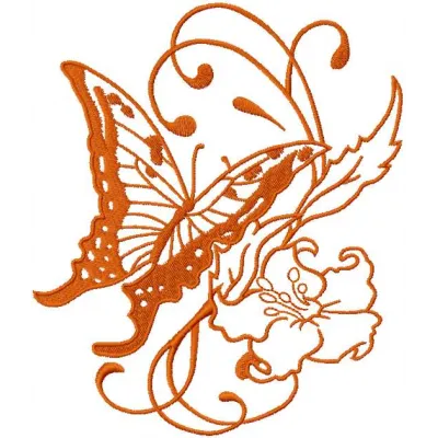 Orange vintage butterfly and flower embroidery design showcasing intricate stitching patterns for creative projects.