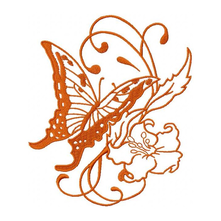 Orange vintage butterfly and flower embroidery design - Embroidery Design
