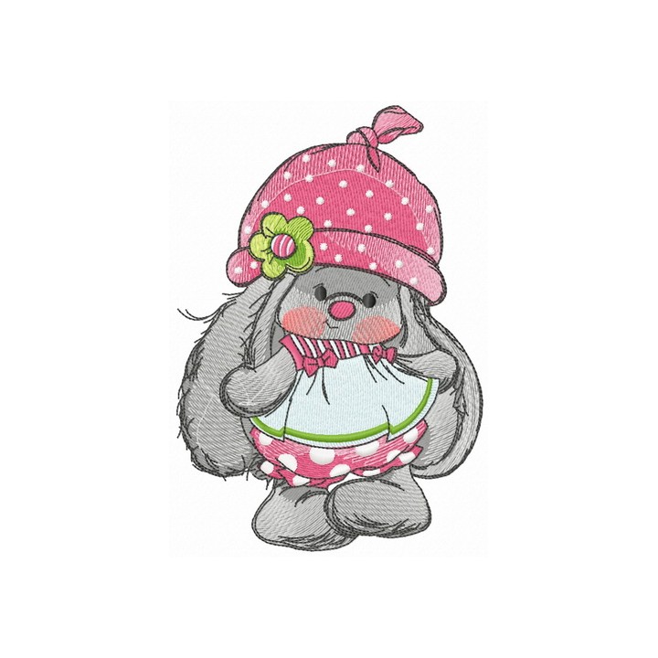 Bunny Mi with polka dot pants and hat embroidery design - Embroidery Design
