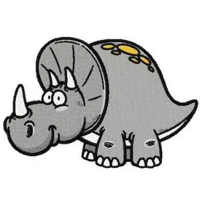Triceratops embroidery design featuring a playful dinosaur motif, ideal for stitching on t-shirts and baby onesies.