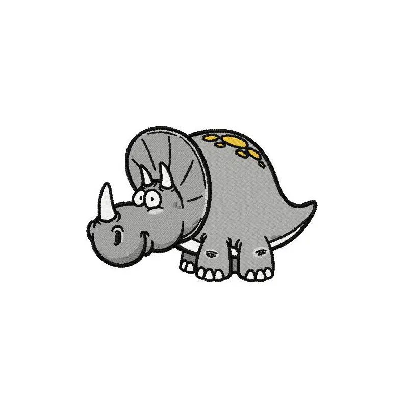 Triceratops embroidery design featuring a playful dinosaur motif, ideal for stitching on t-shirts and baby onesies.