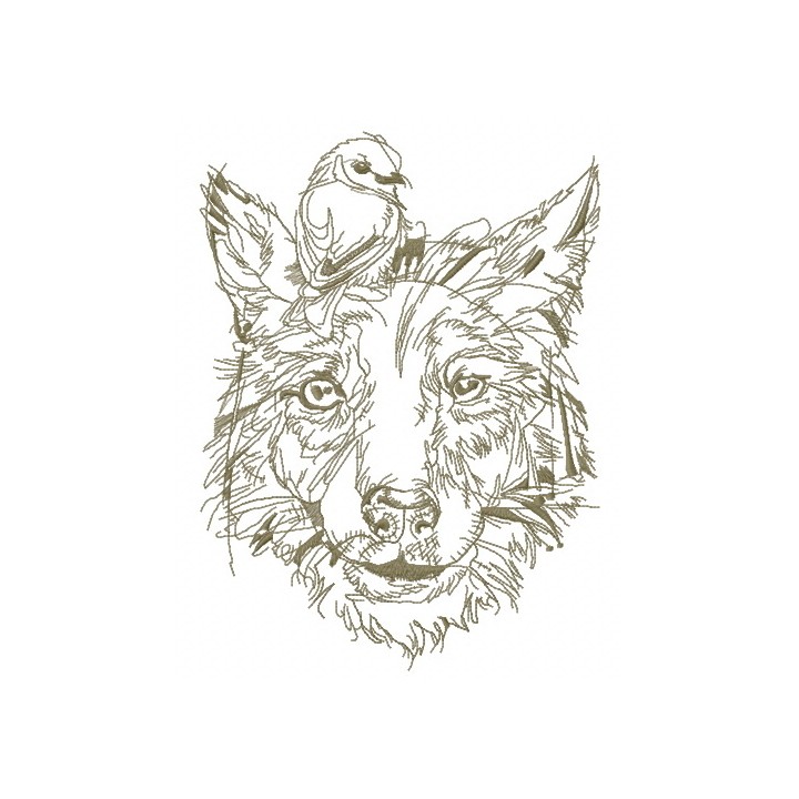 Dog with bird on head sketch embroidery design - Embroidery Design