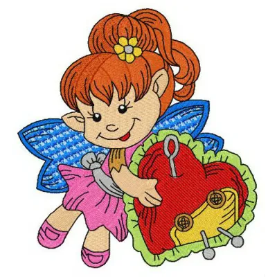 Whimsical elf with a pin cushion embroidery design, perfect for stitching on festive apparel or home decor.