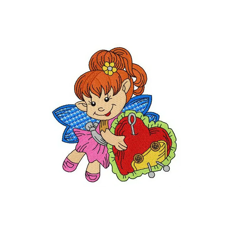 Whimsical elf with a pin cushion embroidery design, perfect for stitching on festive apparel or home decor.