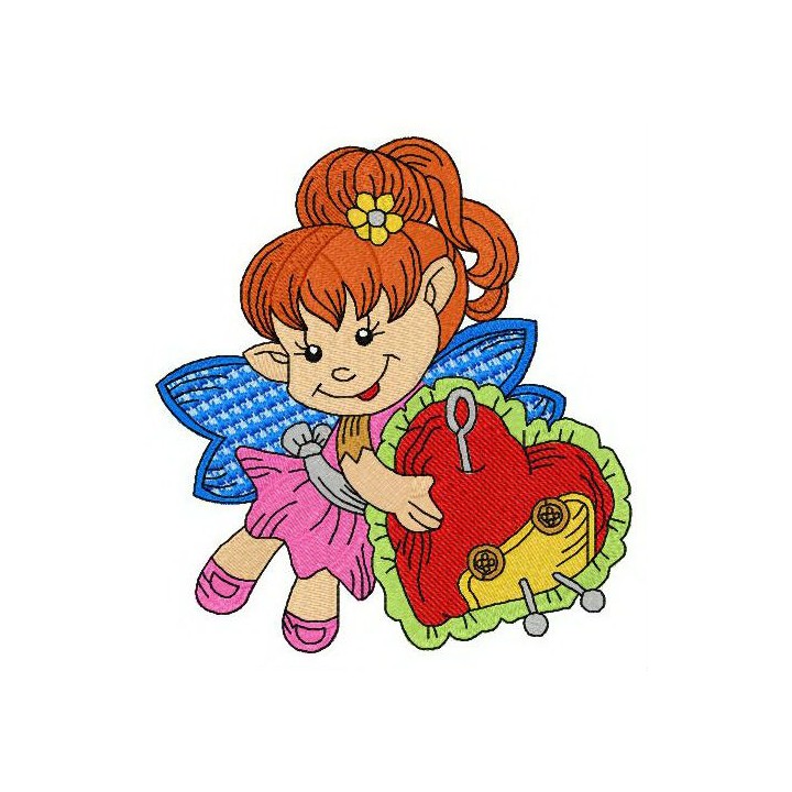 Elf with pin cushion embroidery design - Embroidery Design