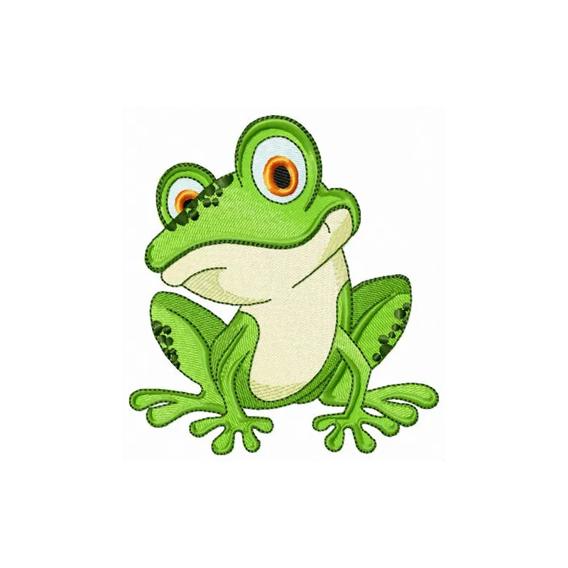 Friendly frog embroidery design showcasing a cheerful frog motif ideal for t-shirts and baby onesies.
