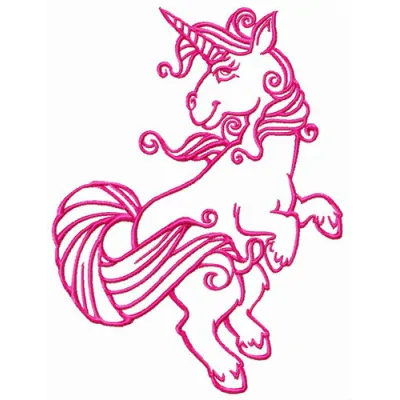 Preview of a unicorn prancing embroidery design, featuring whimsical details for creative stitching projects.