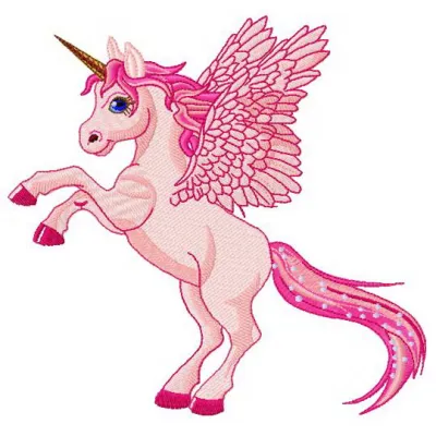 A vibrant pink unicorn embroidery design showcasing intricate details, ideal for stitching on t-shirts and baby onesies.