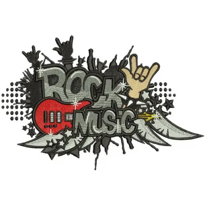 Rock music embroidery design showcasing vibrant motifs for creative projects like t-shirts and tote bags.