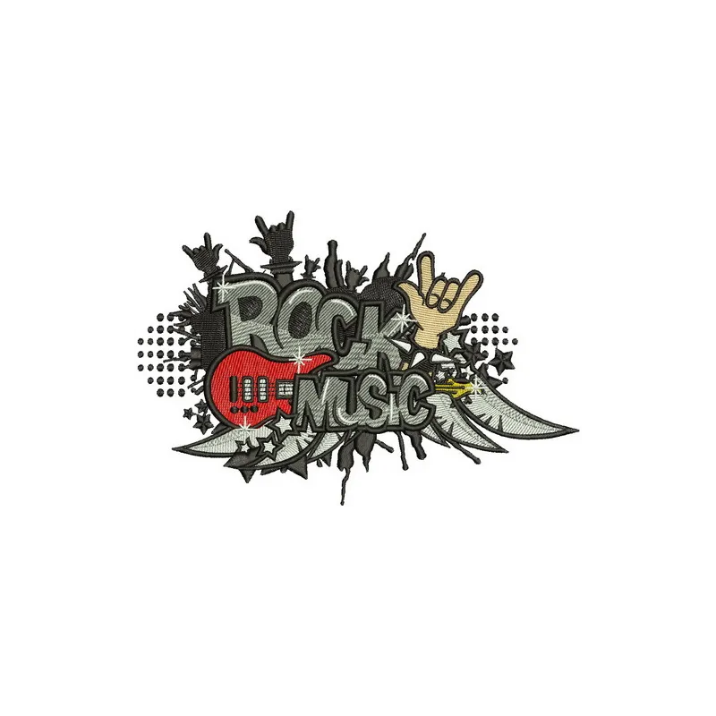 Rock music embroidery design showcasing vibrant motifs for creative projects like t-shirts and tote bags.