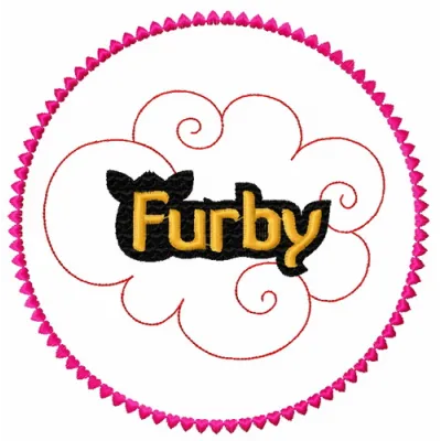 Furby Boom embroidery design showcasing colorful logo for creative stitching projects on various fabrics.