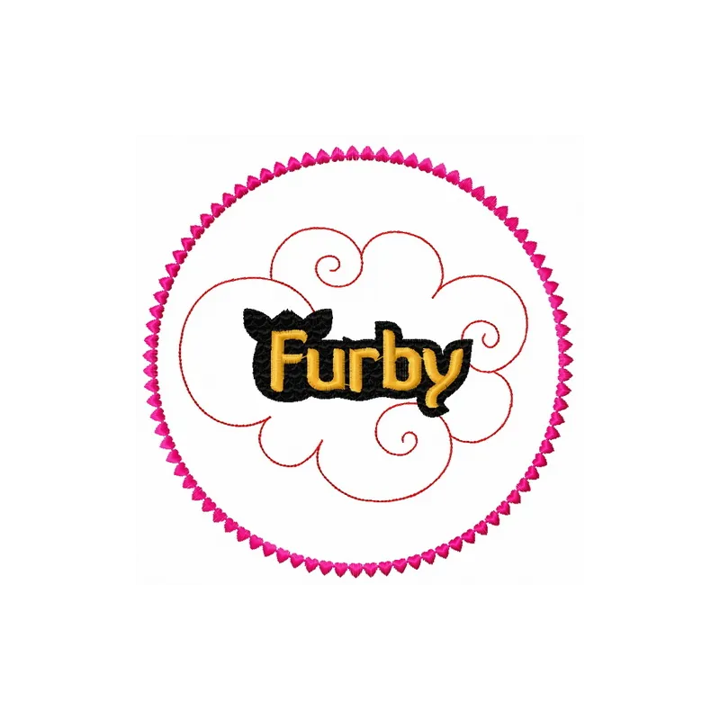 Furby Boom embroidery design showcasing colorful logo for creative stitching projects on various fabrics.