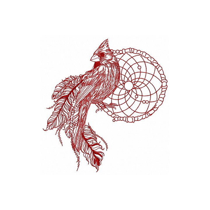 Northern cardinal with dreamcatcher one color embroidery design - Embroidery Design