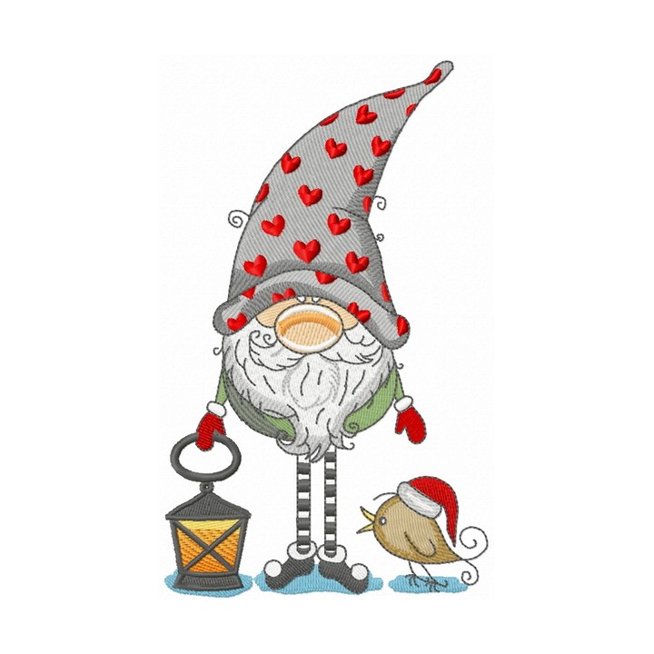 Charming Gnome with Hearts Lantern Embroidery Design