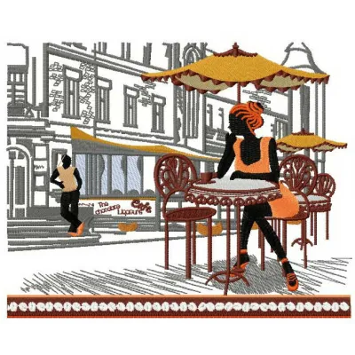 Street cafe embroidery design showcasing a charming outdoor setting, perfect for vacation-themed stitching projects.