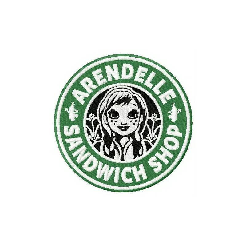 Arendelle sandwich shop embroidery design featuring whimsical motifs inspired by Frozen, ideal for stitching on apparel and …