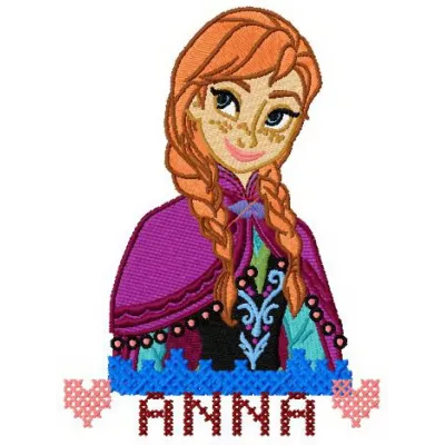 Anna from Frozen 5 embroidery design featuring vibrant colors and intricate details for creative stitching projects.
