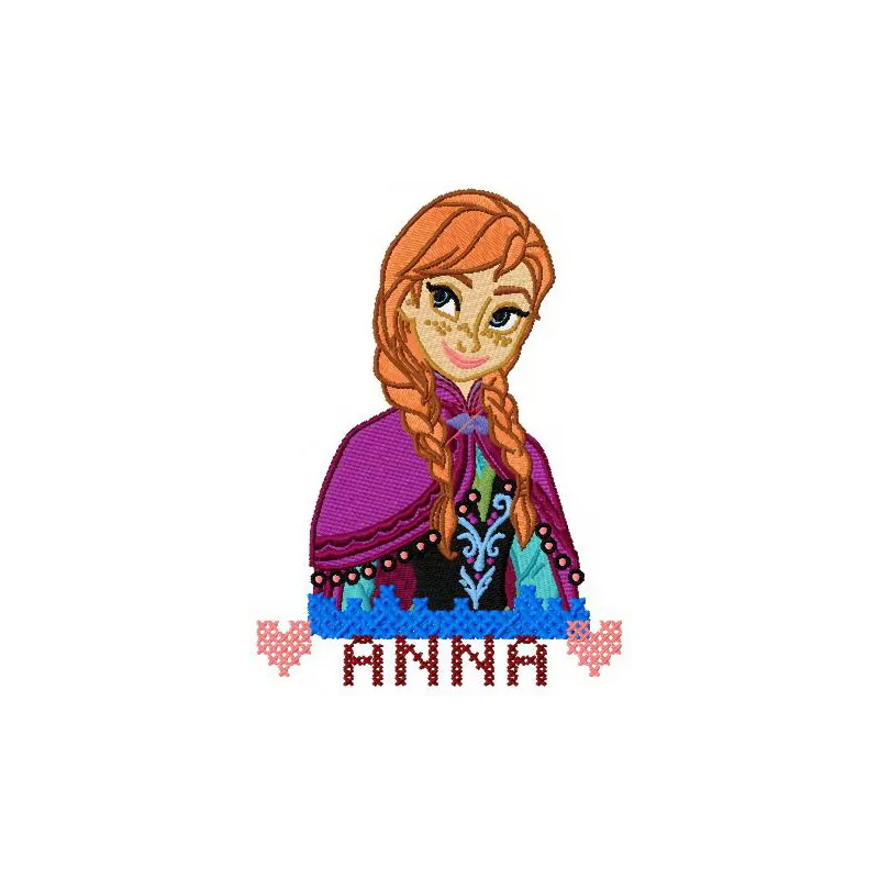 Anna from Frozen 5 embroidery design featuring vibrant colors and intricate details for creative stitching projects.