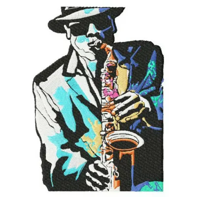 Saxophonist elevate Jazz embroidery design showcasing a musical theme, ideal for stitching on apparel and decor.
