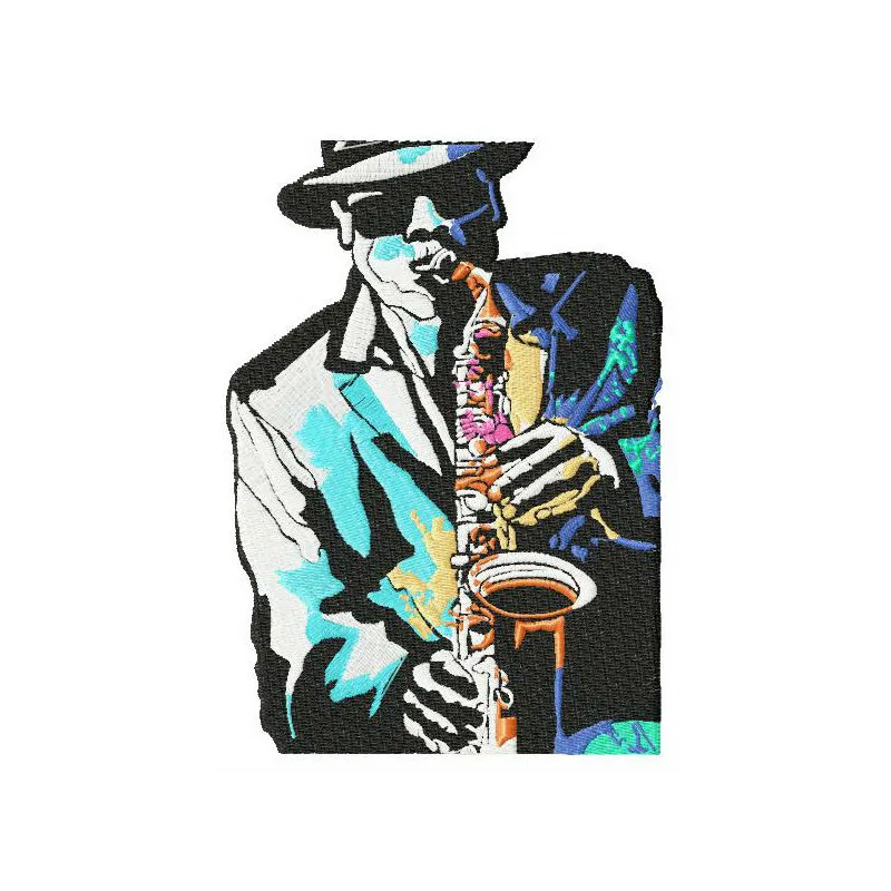Saxophonist elevate Jazz embroidery design showcasing a musical theme, ideal for stitching on apparel and decor.