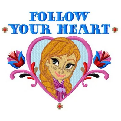 Follow your heart embroidery design featuring whimsical lettering, perfect for stitching on t-shirts or tote bags.