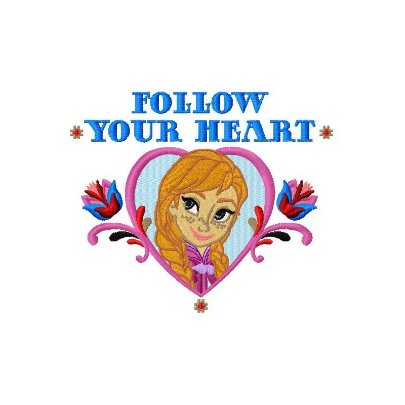Follow your heart embroidery design featuring whimsical lettering, perfect for stitching on t-shirts or tote bags.