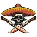 Colorful Mexican skull embroidery design showcased on a vibrant background, perfect for various stitching projects.