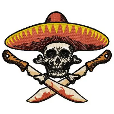 Colorful Mexican skull embroidery design showcased on a vibrant background, perfect for various stitching projects.