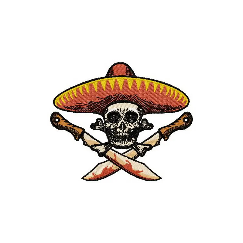 Colorful Mexican skull embroidery design showcased on a vibrant background, perfect for various stitching projects.