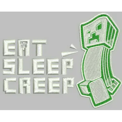 Eat, sleep, creep embroidery design featuring Minecraft-inspired motifs, perfect for creative stitching projects.