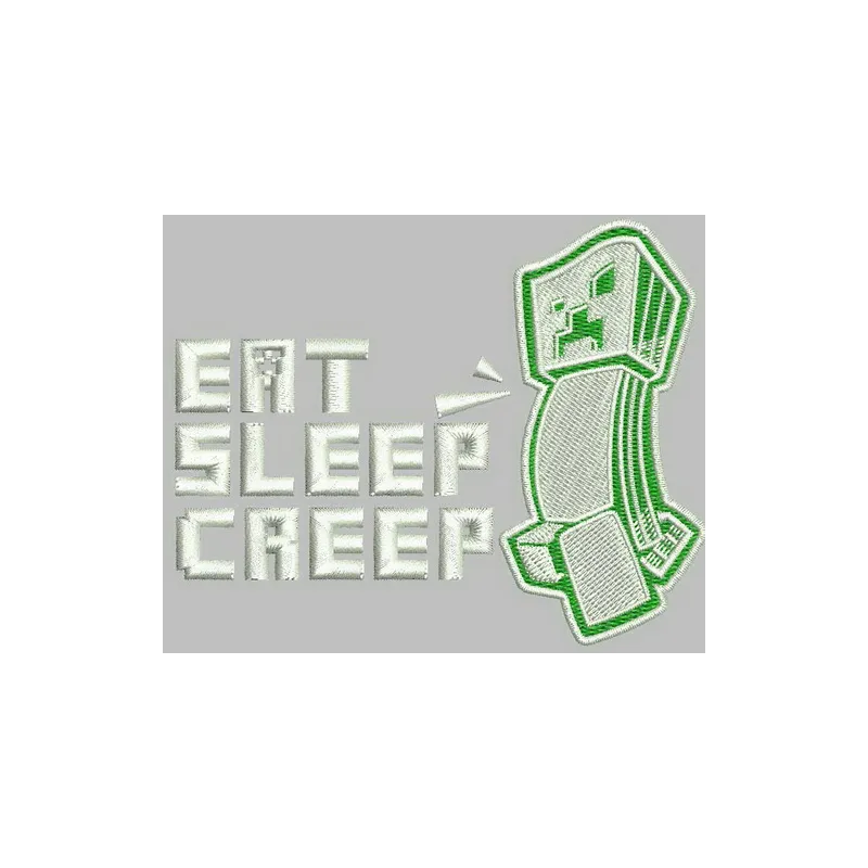 Eat, sleep, creep embroidery design featuring Minecraft-inspired motifs, perfect for creative stitching projects.