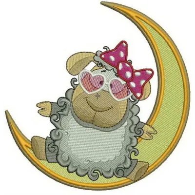 Glamorous sheep on the Moon embroidery design featuring a whimsical farm animal motif for creative projects.
