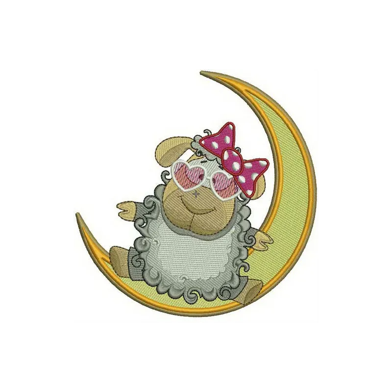 Glamorous sheep on the Moon embroidery design featuring a whimsical farm animal motif for creative projects.