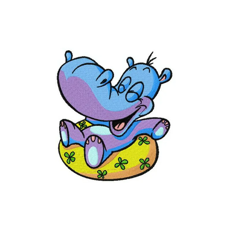 Hippo's summer fun embroidery design featuring a playful hippo, ideal for embellishing t-shirts and towels.