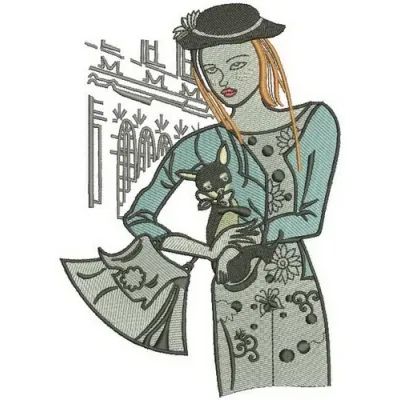 Embroidery design preview of a small dog shopping, ideal for stitching on tote bags or t-shirts.