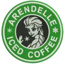 Arendelle iced coffee embroidery design showcasing a whimsical coffee cup motif, perfect for bags and apparel.