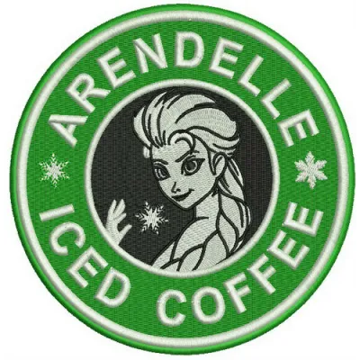 Arendelle iced coffee embroidery design showcasing a whimsical coffee cup motif, perfect for bags and apparel.