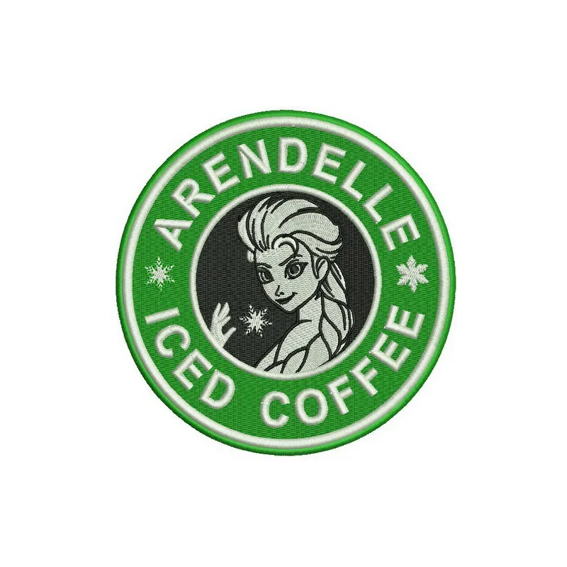 Arendelle iced coffee embroidery design showcasing a whimsical coffee cup motif, perfect for bags and apparel.
