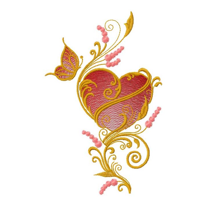 Gold heart and butterfly embroidery design - Embroidery Design