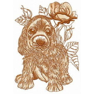 Dog in front of rose embroidery design - Embroidery Design