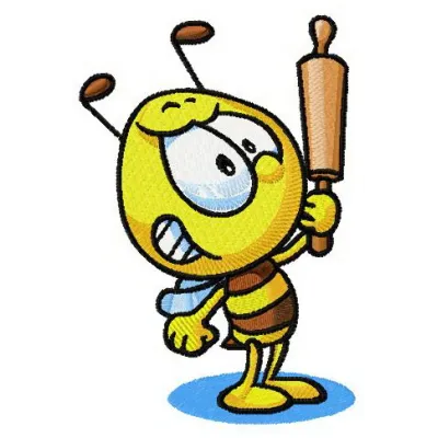 Embroidery design of a bee wielding a rolling pin, perfect for fun stitching on kitchen towels or aprons.