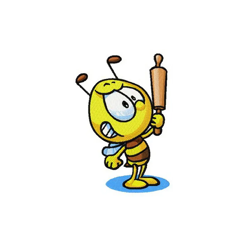 Embroidery design of a bee wielding a rolling pin, perfect for fun stitching on kitchen towels or aprons.