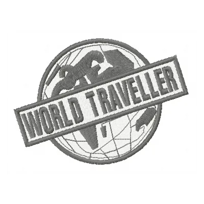 World traveller embroidery design showcasing a globe and airplane motifs, ideal for travel-themed projects.