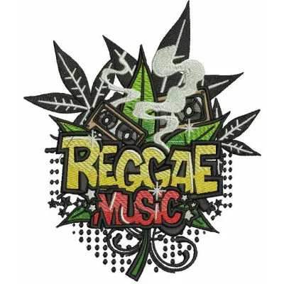 Reggae music embroidery design featuring vibrant musical motifs, perfect for stitching on t-shirts or tote bags.