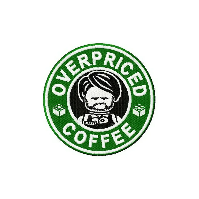 Overpriced coffee embroidery design featuring a playful coffee cup motif, perfect for stitching on tote bags or hoodies.
