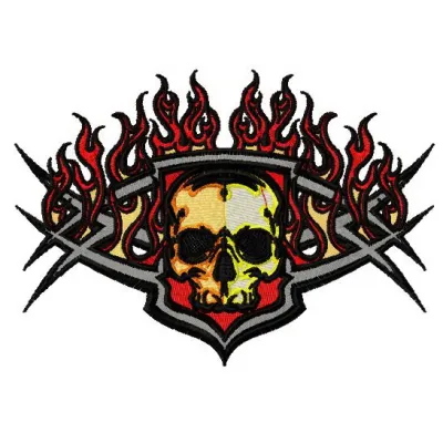 Scull in flame embroidery design featuring a fiery skull motif, ideal for stitching on caps and denim jackets.