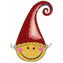 Happy elf embroidery design featuring a cheerful elf among whimsical elements, perfect for festive stitching projects.