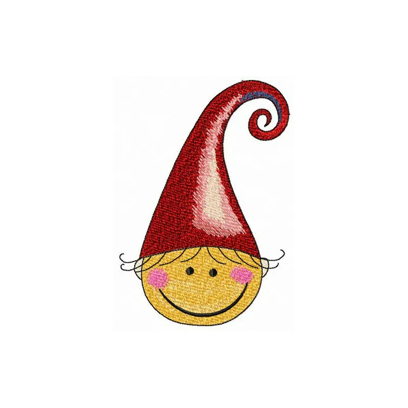 Happy elf embroidery design featuring a cheerful elf among whimsical elements, perfect for festive stitching projects.