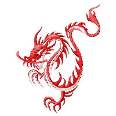 Flamed dragon embroidery design showcased in an oriental style, ideal for unique stitching projects.