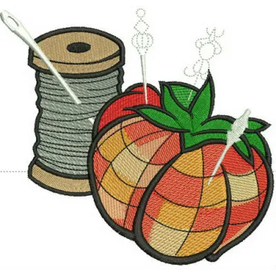 Preview of a tomato needle bed with threads embroidery design, showcasing vibrant colors and intricate stitching patterns.